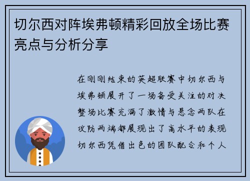 切尔西对阵埃弗顿精彩回放全场比赛亮点与分析分享