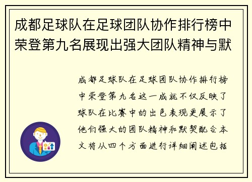 成都足球队在足球团队协作排行榜中荣登第九名展现出强大团队精神与默契配合