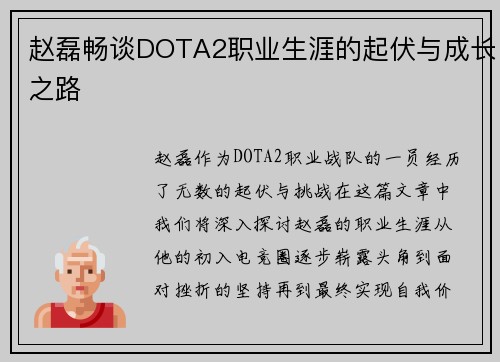 赵磊畅谈DOTA2职业生涯的起伏与成长之路