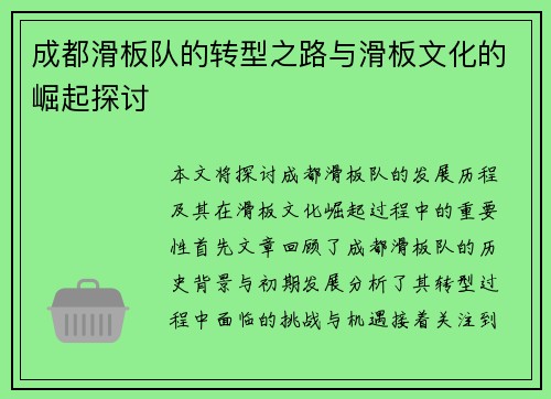 成都滑板队的转型之路与滑板文化的崛起探讨