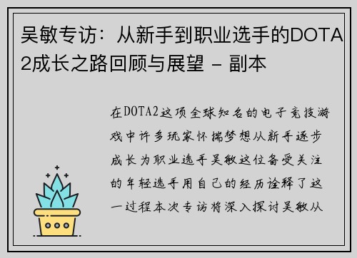 吴敏专访：从新手到职业选手的DOTA2成长之路回顾与展望 - 副本