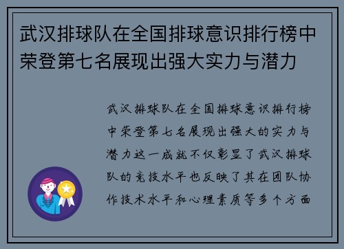 武汉排球队在全国排球意识排行榜中荣登第七名展现出强大实力与潜力